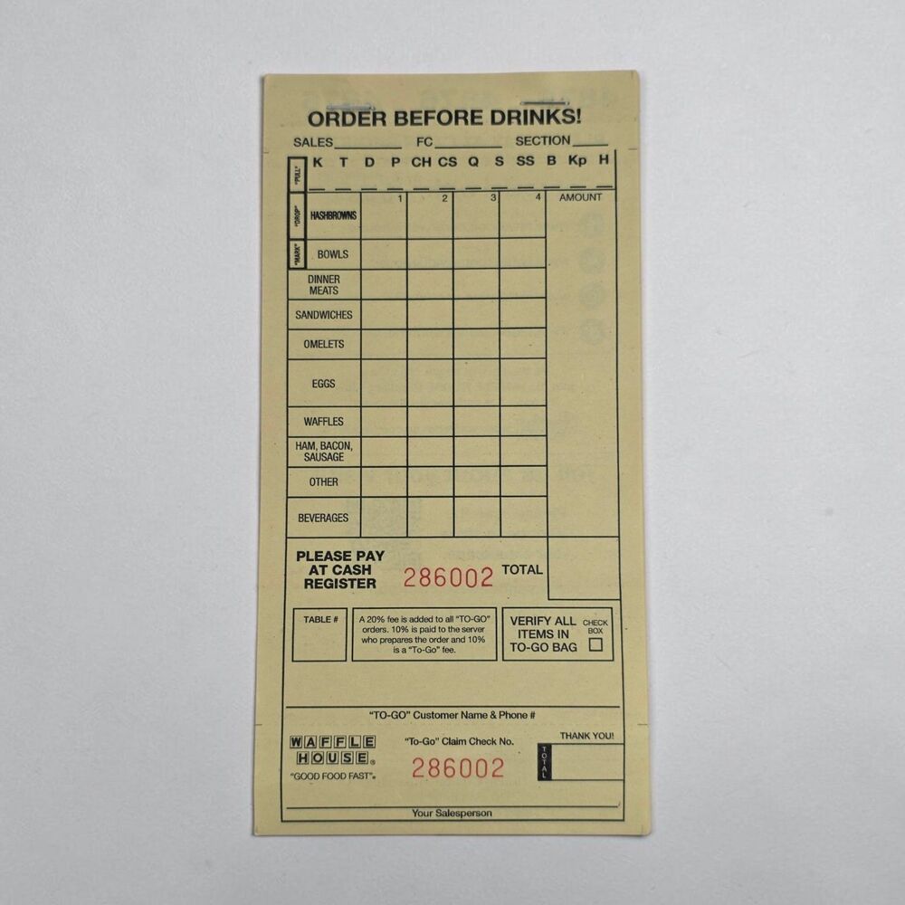 Waffle House Server Ticket Book Discontinued Style #286002 Missing 1 Ticket
